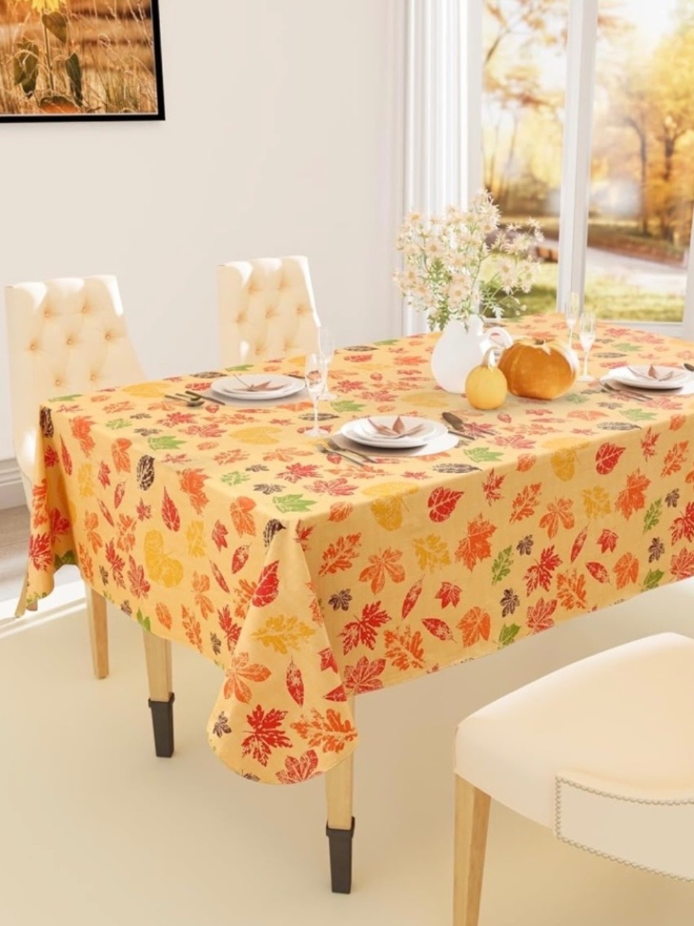 Smiry Fall Tablecloth 60x102 Waterproof Autumn Leaves Thanksgiving Rust Yellow